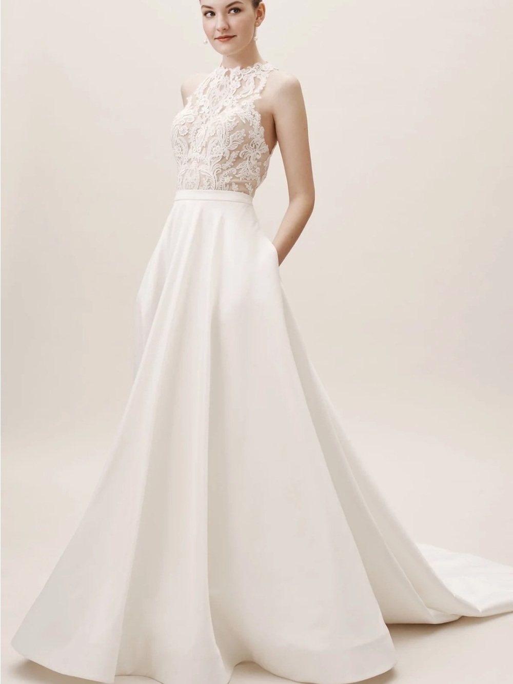 Elegant Lace Halter A-Line Wedding Overskirt in Ivory
